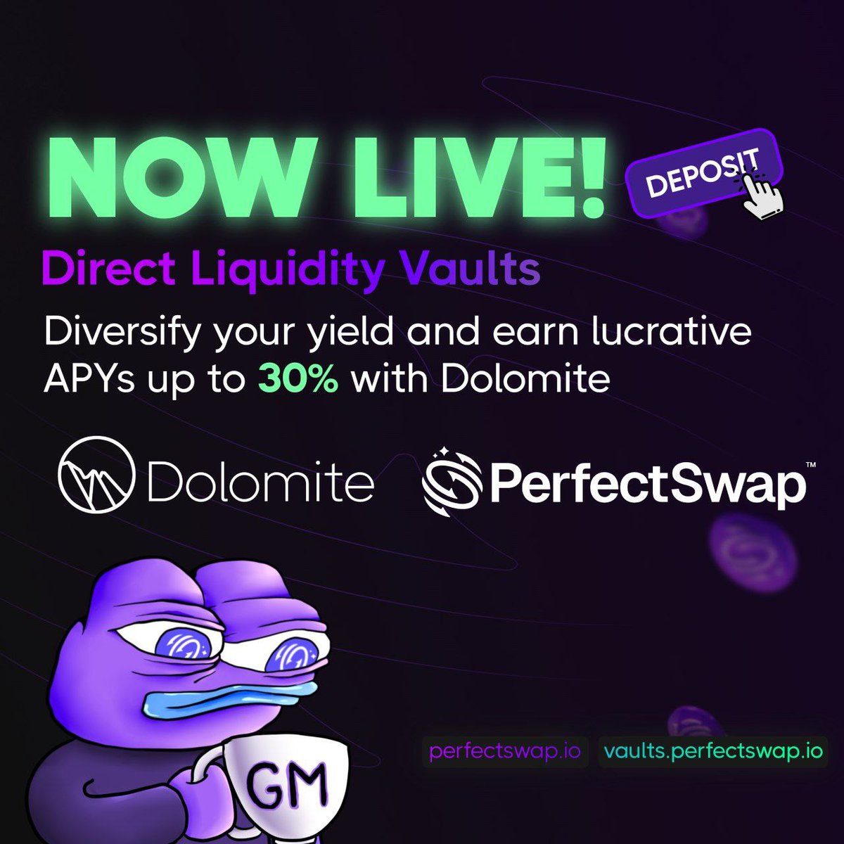 Introducing the official @perfectswapio x @Dolomite_io Direct Liquidity Vaults! ✅Farm your ETH, WBTC, ARB, USDC and earn up to 30% APY ✅Deposit into vaults to be qualified for a $PRFCT airdrop ✅No lock-up period ✅0% deposit/withdrawal fee ➡️Jump in now👇