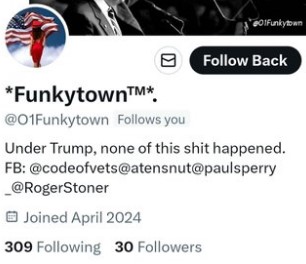 Impersonator! This person opened an account pretending to be me. It has 30 followers. Block and report! Thank you. @O1Funkytown