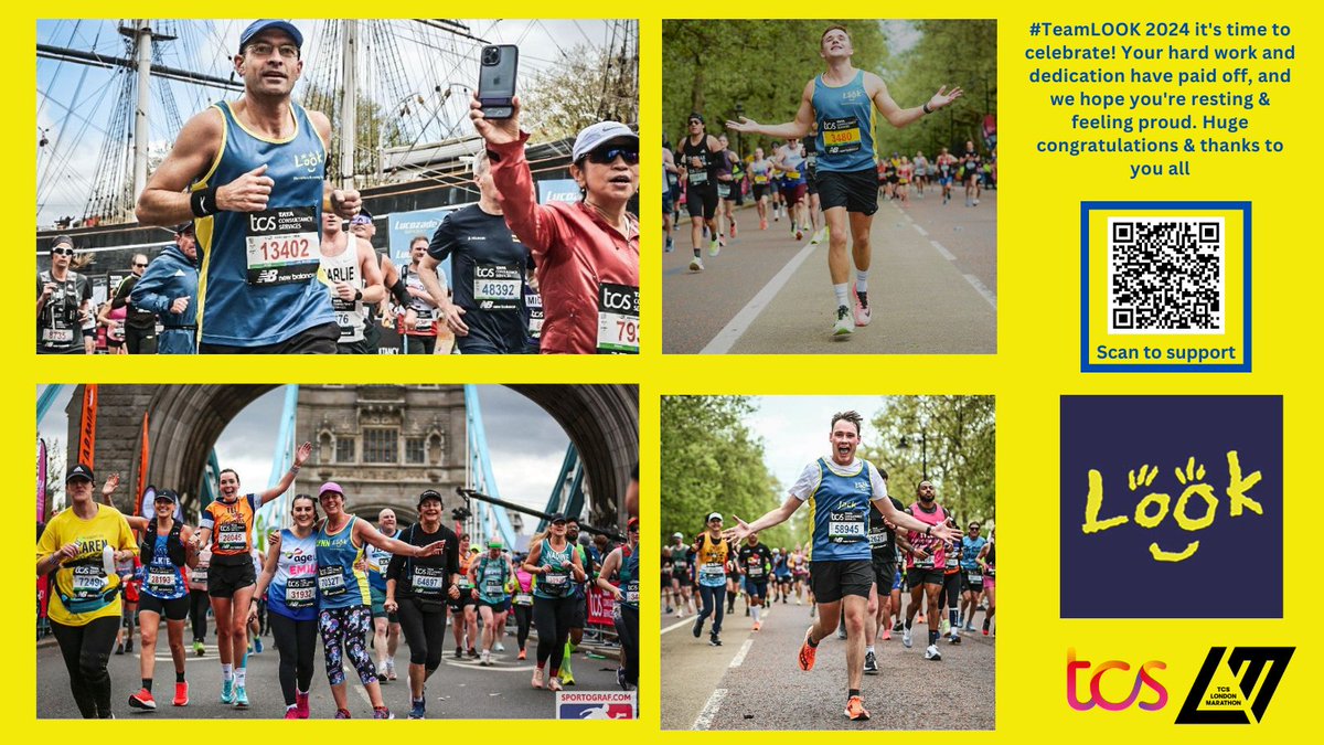 #TeamLOOK 2024 you smashed it! Wonderful to see some of the official @LondonMarathon photos coming in. We will share more over the coming days. Huge congratulations & thanks to you all our incredible runners. Link to donate or scan QR code below tinyurl.com/bdz88tkf
