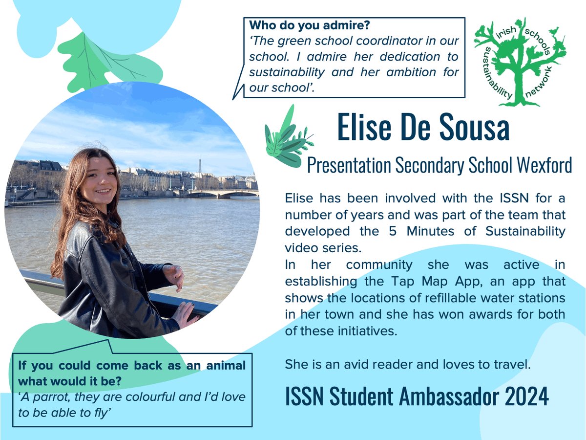 Elise De Sousa is one of our awesome ISSN Ambassadors from @PresWex. If a student in your school would like to join our ISSN ambassador programme for 24/25 please get in touch to register their interest. Email IrishSchSusty@gmail.com