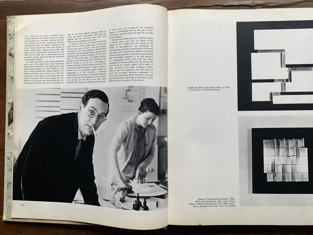 Anthony Hill (1930–2020), born on this day in 1930.

Photographed here with Gillian Wise in their Charlotte Street, London studio by Lord Snowdon. Spread from Private View, The Lively World of British Art by Bryan Robertson, John Russell and Snowdon, 1965. <a href="/Annely_Juda/">Annely Juda Fine Art</a>