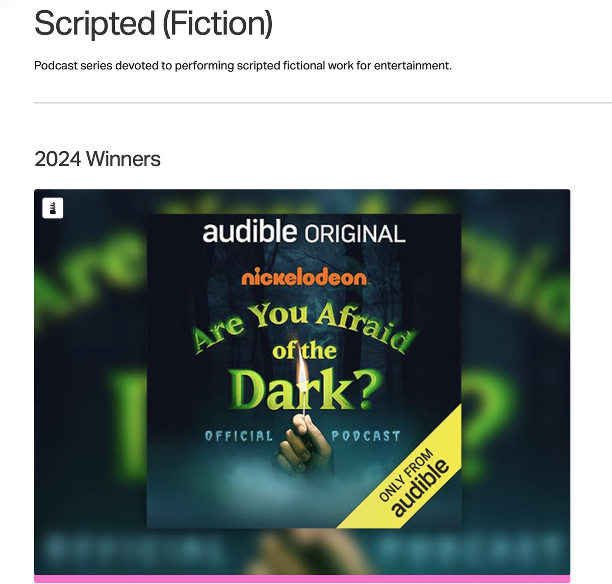Nickelodeon and Audible's ARE YOU AFRAID OF THE DARK? Official Podcast - produced by Gideon Media - wins the @TheWebbyAwards for Scripted Fiction!