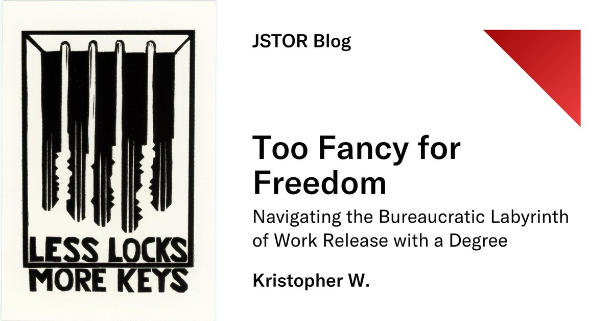 JSTOR's tweet photo. In his JSTOR #SecondChanceMonth essay, Kristopher W. delves into using a prison degree to reintegrate into society through a #WorkRelease program.

Read the post: https://t.co/rkhCnTb4RA

Roger Peet. Less Locks — More Keys. 2016. Courtesy of the Richard F. Brush Art Gallery. https://t.co/uEHTIKg2x2