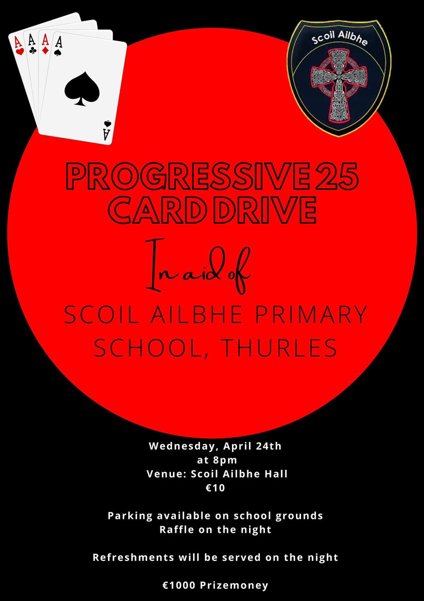 Last chance to get a ticket for our Monster #Raffle tomorrow night, We’d. April 24th. Super prizes! Tickets @ €5 are available from the school - (0504) 21448. Progressive 25 at 8pm in the school hall. Tickets are €10 each. @thurles_ie @cbsthurles @thurlessars @ThurlesGaels