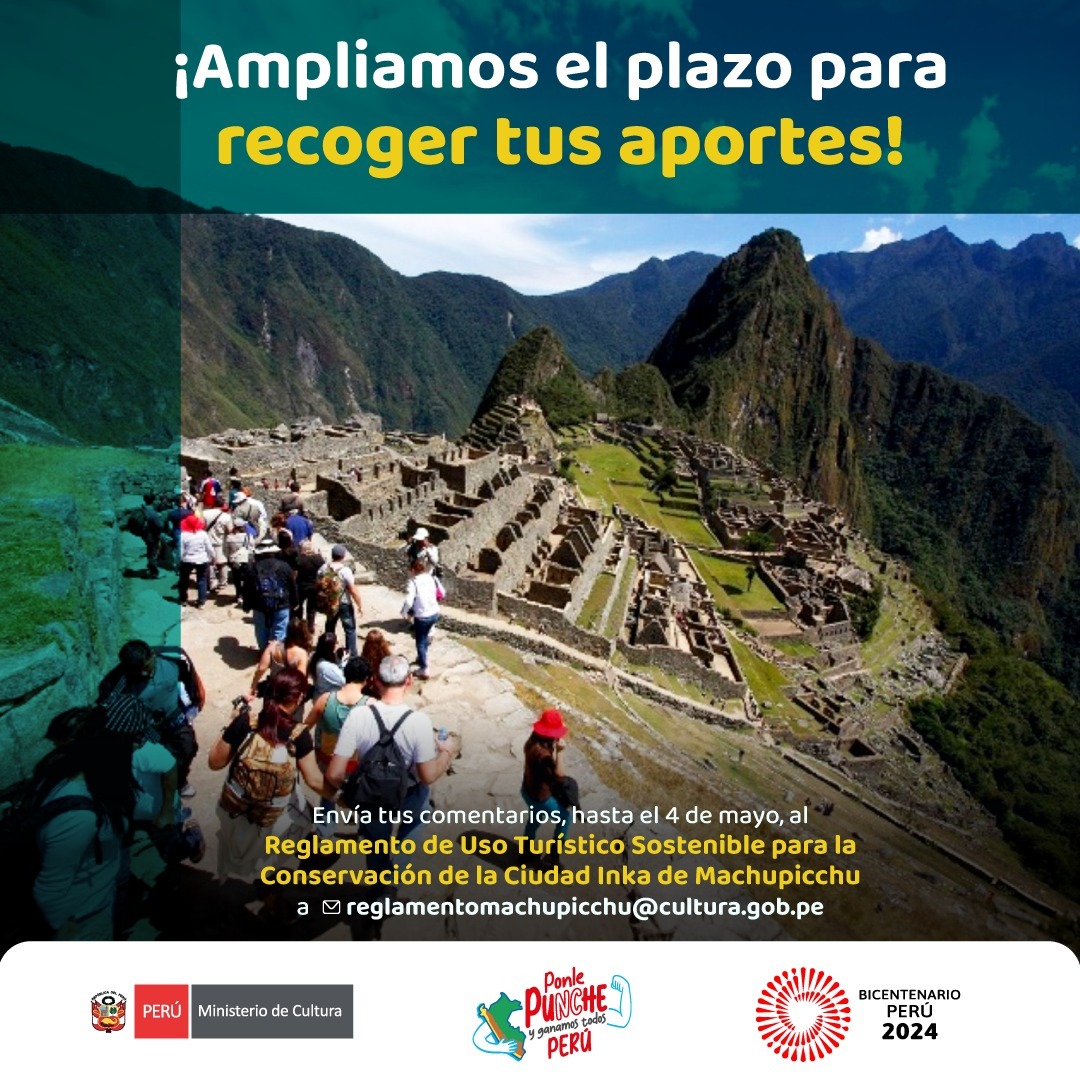 Por 10 días más, seguimos recogiendo comentarios, observaciones y/o sugerencias al proyecto del “Reglamento de Uso Turístico Sostenible para la Conservación de la Ciudad Inka de Machupicchu”. 📩 reglamentomachupicchu@cultura.gob.pe 👨🏾‍💻 gob.pe/es/l/5435413