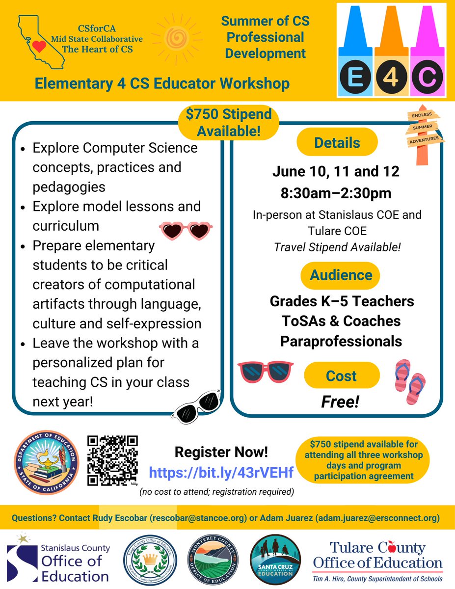 Elementary Educators from Mid-State California, join us for our In-Person Workshops for #SummerOfCS. Stipends and travel expenses available. To register to for the appropriate workshop go here: sites.google.com/view/seasons-o…