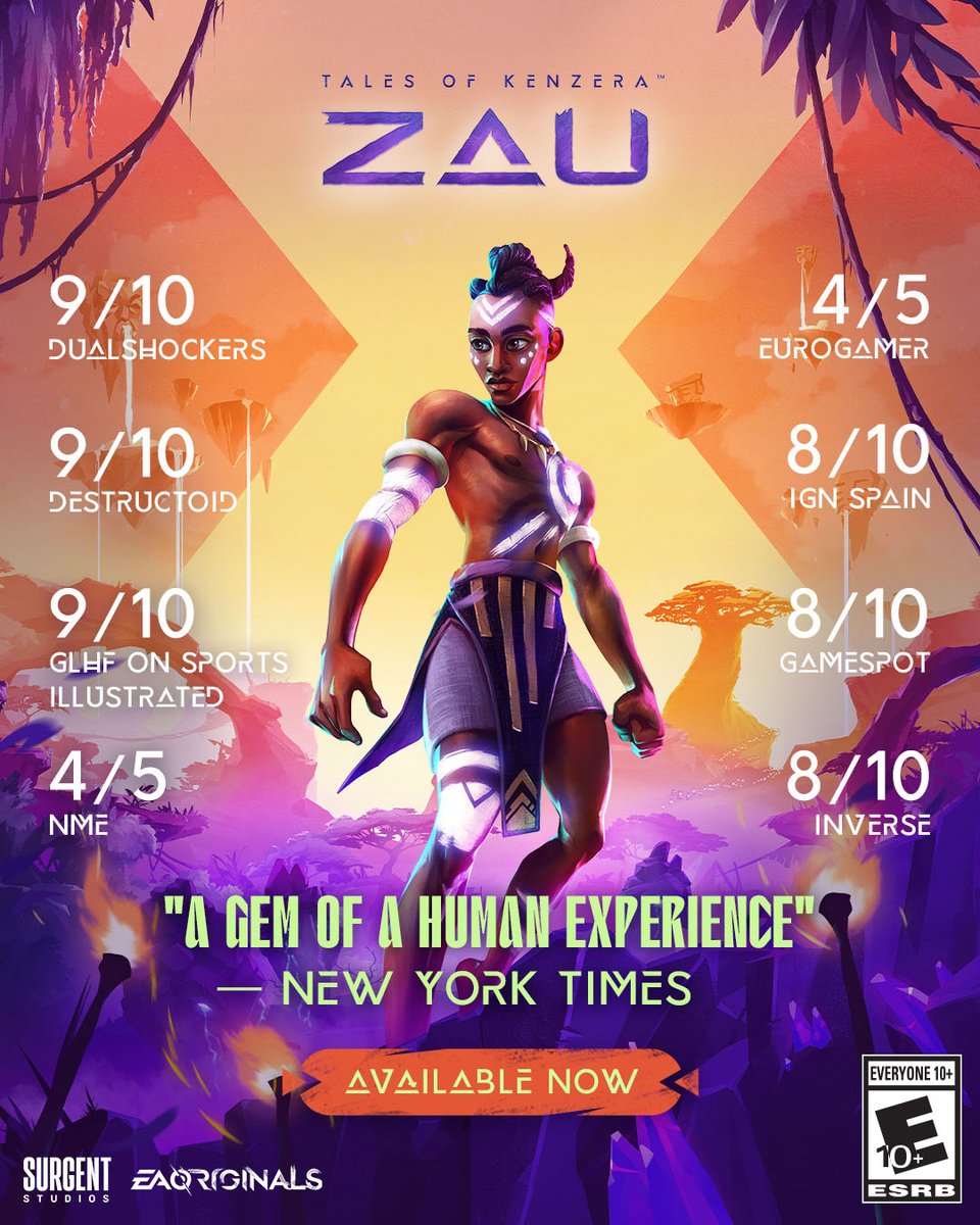 Tales of Kenzera: ZAU review scores and one quote layered over the official key art. Accolades listed include: 9/10 Dualshockers, 9/10 Destructoid, 9/10 GLFH on Sports Illustrated, 4/5 NME, 4/5 Eurogamer, 8/10 IGN Spain, 8/10 Gamespot, and 8/10 Inverse and "A gem of a human experience" by The New York Times. Available Now. 