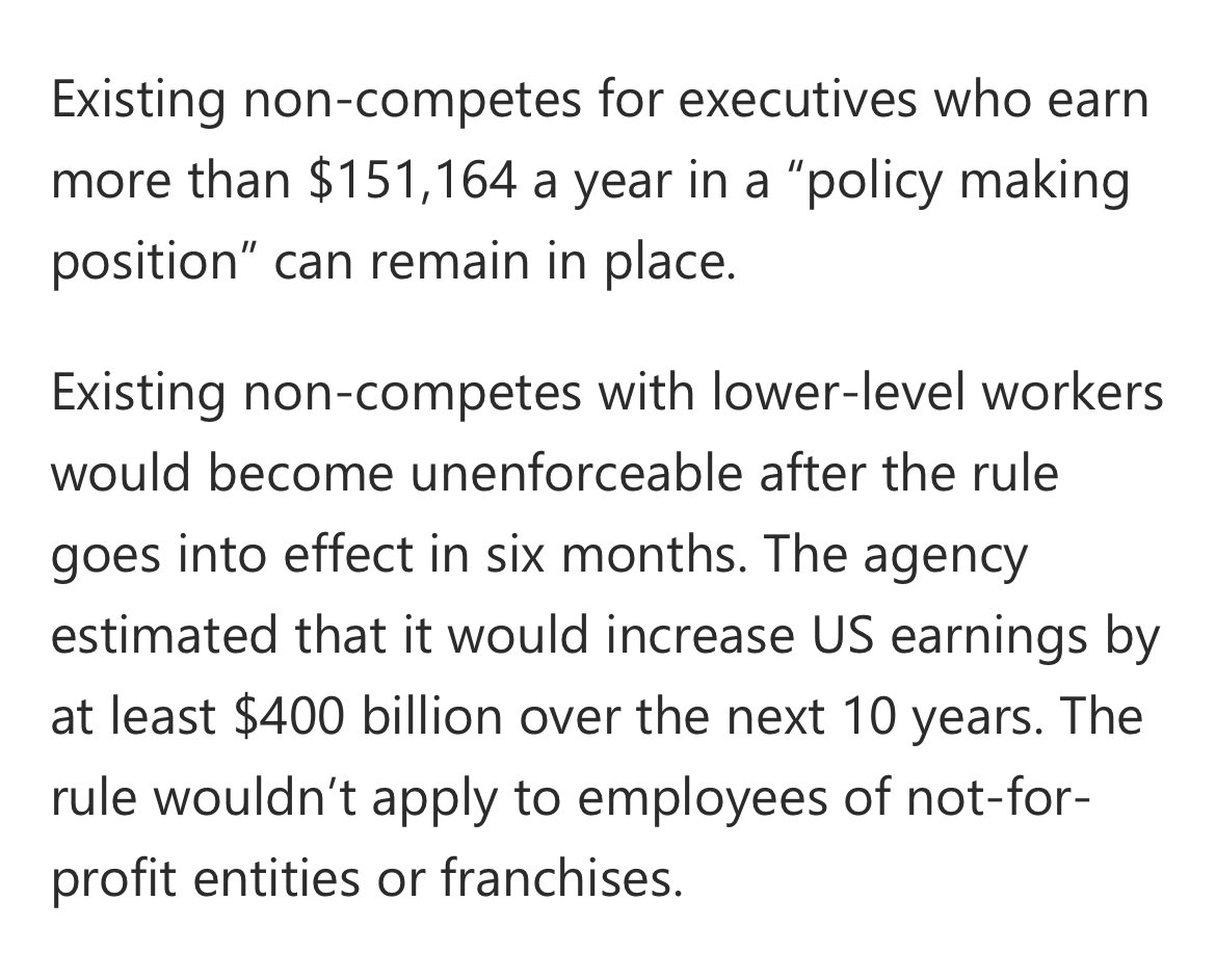 Hey, people making less than $151,000 a year: The Federal Trade Commission @FTC has issued a final rule making it illegal for bosses to make you sign noncompetes. This will help them collect more taxes! But, limits the ability of companies to protect confidential information.