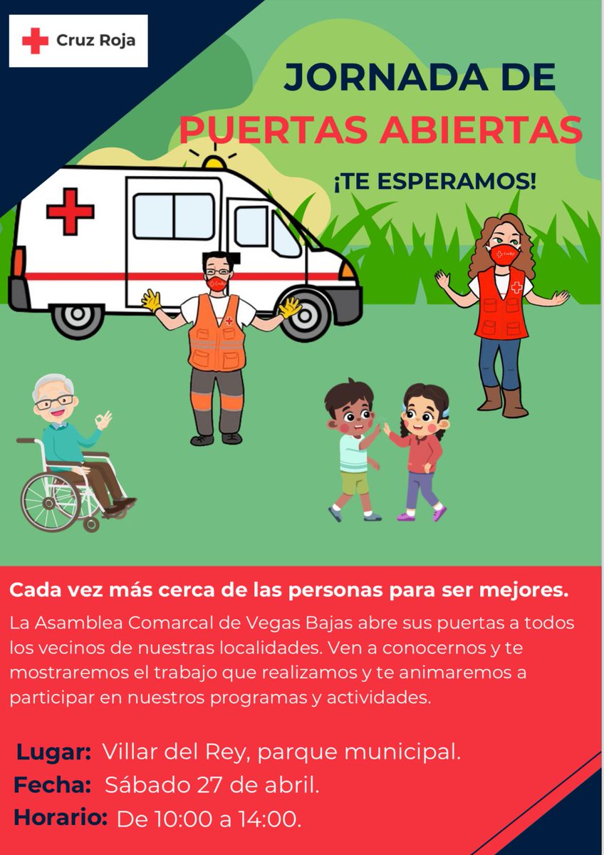 La Asamblea Comarcal de Cruz Roja Vegas Bajas va a llevar a cabo unas Jornadas de Puertas Abiertas por varias localidades de la Comarca.
Comenzamos este sábado en Villar del Rey, en el Parque Municipal de 10:00 a 14:00 h. No faltes!!
#PuertasAbiertas