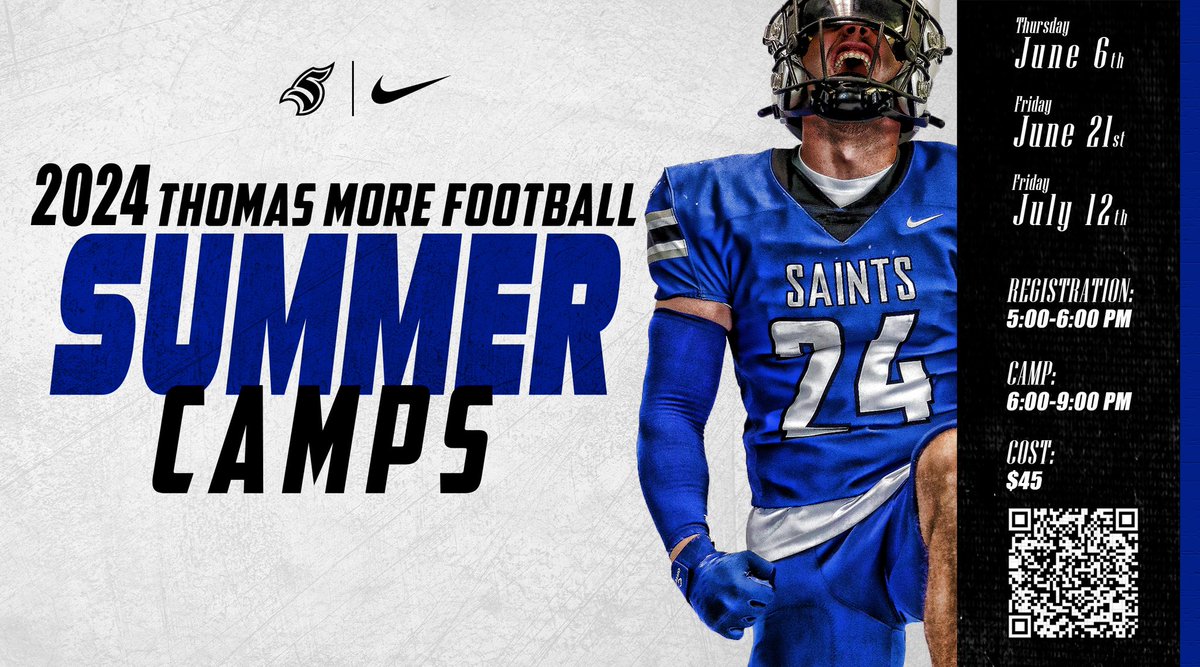 🚨Prospect Camps🚨
Camp season is right around the corner. Make sure to save one of the 3 dates. Get noticed and jump start your recruiting process!!! #EarnIt #WeWantMORE 

thomasmorefootball.totalcamps.com/shop/EVENT