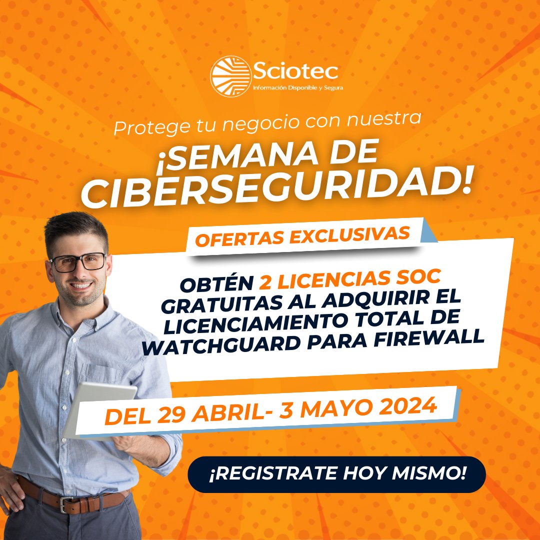 🔒¡Prepárate para fortalecer tus defensas digitales! Participa en nuestra Semana de Ciberseguridad y aprovecha descuentos exclusivos en soluciones de seguridad informática. ¡Asegura tu protección hoy!

#Ciberseguridad #WatchGuard #SeguridadInformática