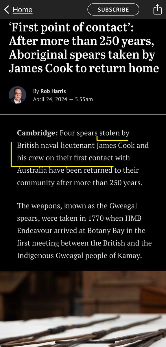 Should we report @TheAge Bob Harris to #eKaren @eSafetyOffice for this piece of misinformation? Harris claims 4 spears thrown at James Cook and his crew over a quarter of a century ago when his ancestors arrived were then stolen. Proof Bob? Maybe they were a gift to Cook.