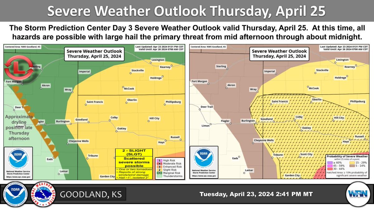 There is a Marginal and Slight Risk of severe thunderstorms across much of the Tri-State area Thursday. Timing for these threats is currently expected to be from mid afternoon through midnight. All modes of severe weather will be possible. #kswx #newx #cowx