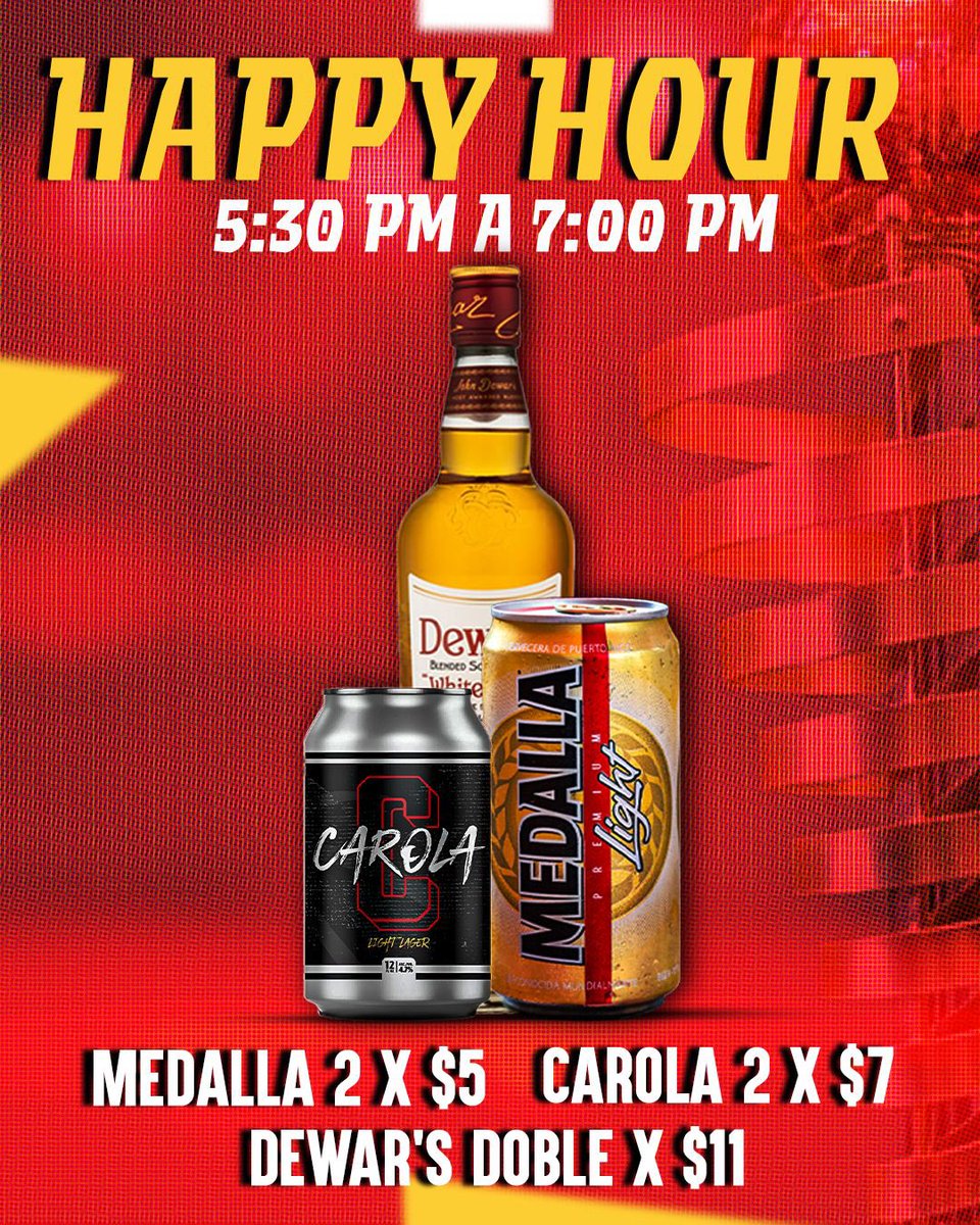 HAPPY HOUR!  5:30pm- 7:00pm 🍻😏

Llégale temprano al partidazo de esta noche entre tus Gigantes 🆚 Osos y relájate con cervecita 🍺 o palito 🥃 en mano antes de que comience #ElCalentón 🔥😮‍💨

#GigantesAhí | #Back2Back🏆