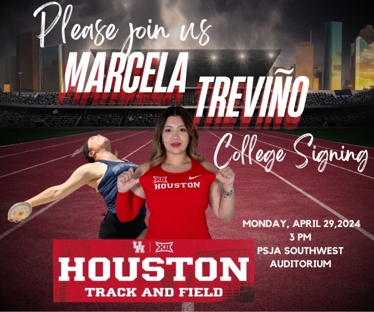Big News out of Southwest 🚨‼️ @Trevio18Marcela has made her collegiate choice to further her Track & Field career at the University of Houston! Join us on Monday as we celebrate her making it official 🖊️👏🏽🐗 @PSJAISD @PSJAAthletics @rgvsports