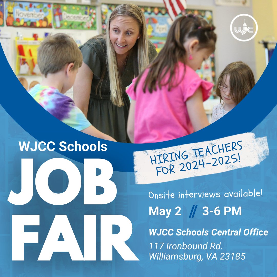 Calling all passionate, caring, and collaborative licensed teaching professionals! Come to our job fair at Central Office on Thursday, May 2, from 3:00 to 6:00 PM. Onsite interviews are available for qualified candidates. Review openings and apply today at wjccschools.org/careers/