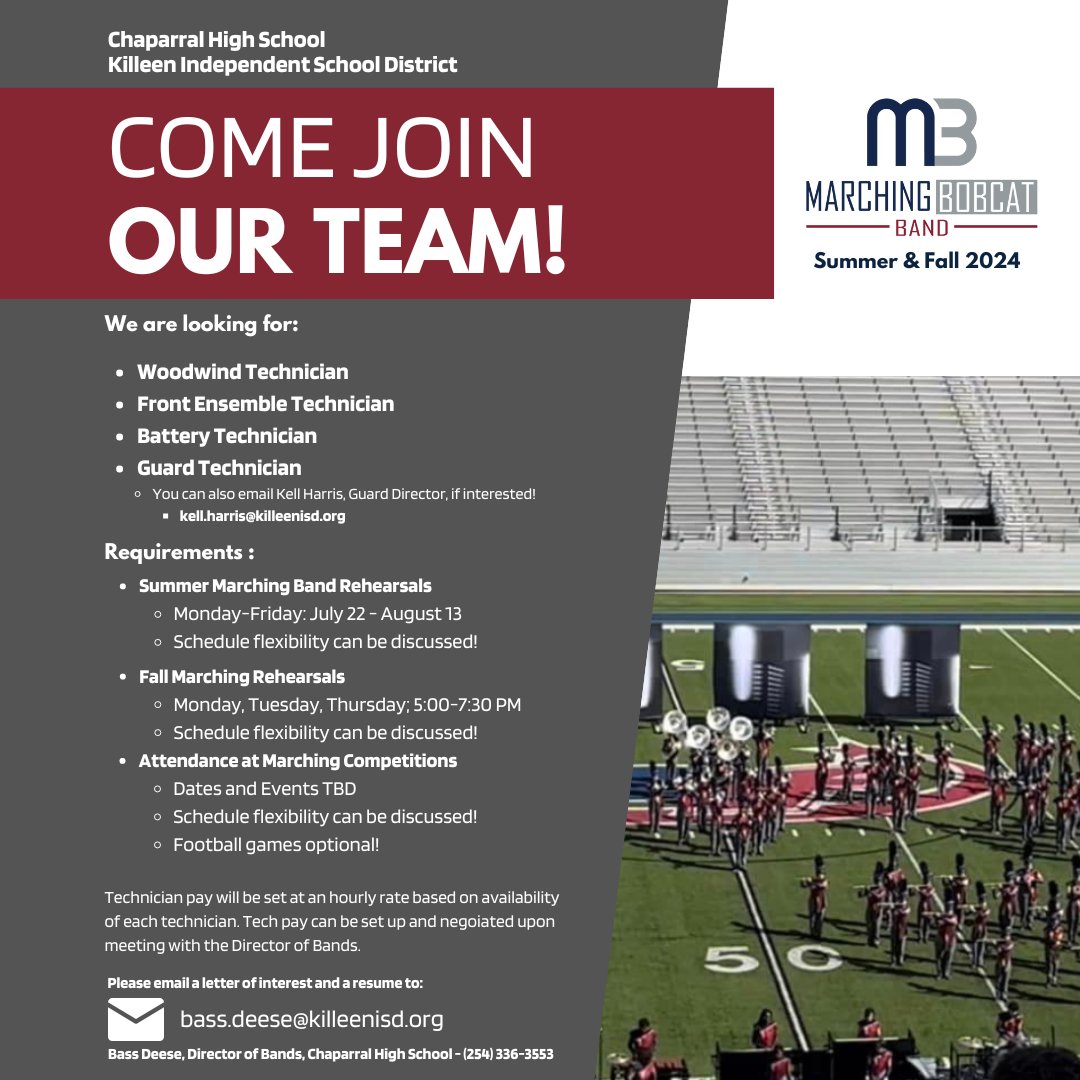 We are still looking for technicians to join our team this Summer and Fall Marching season! We are looking forward to growing our teaching team!