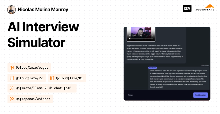While the Cloudflare AI Challenge on @ThePracticalDev ended last week we wanted to call out some honorable mentions. @nicobytes submitted an interview simulator using Pages, R2, D1, and Workers AI to help you practice for your next interview. dev.to/nicobytes/ai-i…