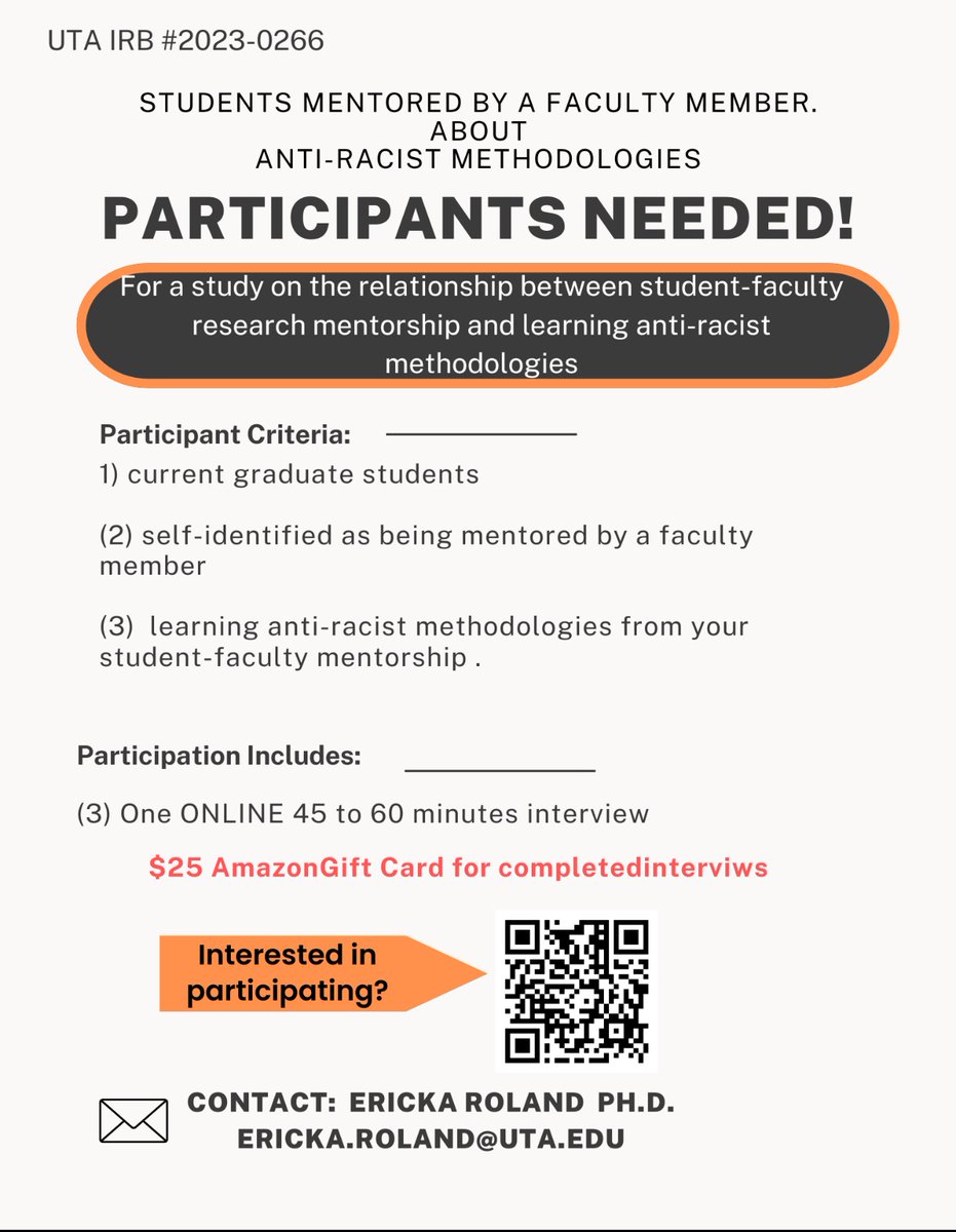 🚨looking for graduate students to participate in a study on being mentored by a faculty member on doing anti-racist research! Please contact me if you or know someone who is interested- ericka.roland@uta.edu. @ashegrads @AERADiv_J @ACPA_GradPrep @DivisionAGSC @AERADivG