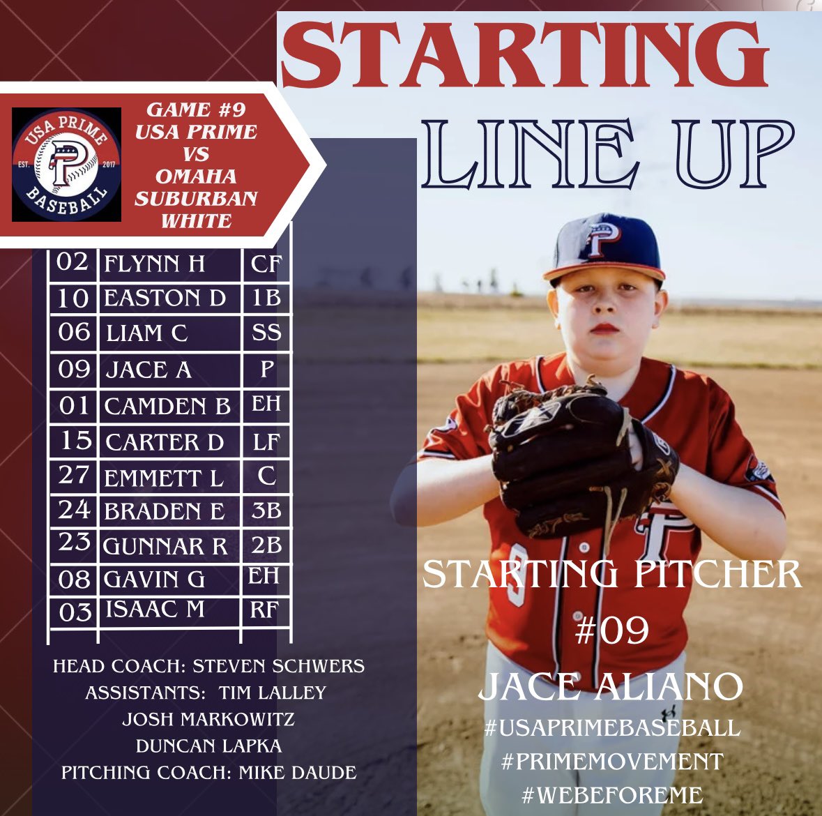 Starting line up for our first home game tonight!
J-EAZY WITH THE START
6.1 innings
11 Ks
.316 BAA
#primetime #primemovement #baseballseason