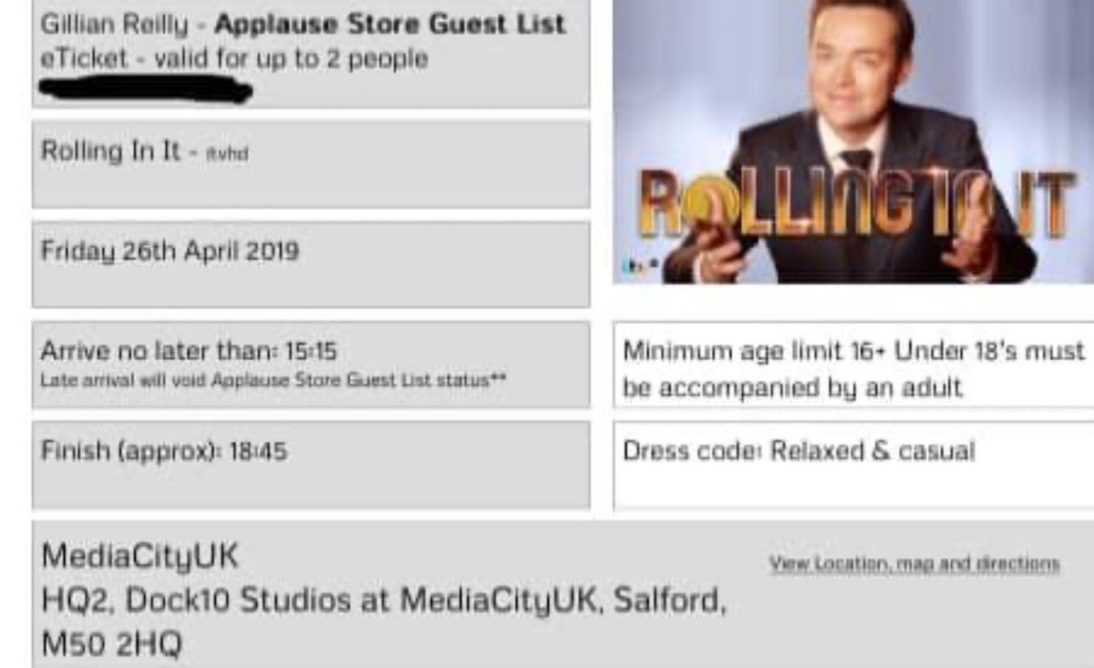 From 5 years ago today. I shared a screenshot photo that I phoned up and I got an upgrade for 2 Applause Store Guest List tickets for Rolling In It at MediaCityUk, Dock10 Studios at MediaCityUk, Salford to sit in the audience to watch Stephen Mulhern.