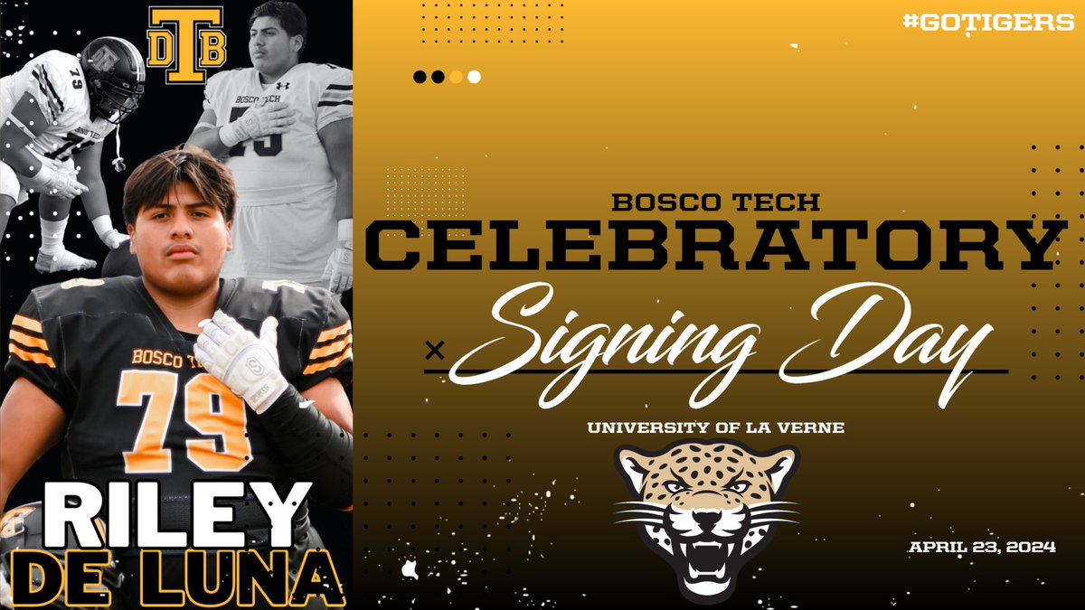 VinceNolascoAD's tweet photo. Bosco Tech Football 🏈 

Congratulations to Sr, Riley De Luna on his celebratory signing day! Riley will play at the University of La Verne! We are so proud of you! You earned it! Keep of the great work! 

#BoscoTechAthletics I #GoTigers
@James_Escarcega @SGVNSports @MikeRegaladoLA @BoscoTechSports @ErikSarni1 @WeAreBoscoTech @Ubeezzy @BoscoTechFB
