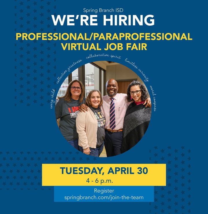 Join Spring Branch ISD for a Virtual Bilingual Teacher Job Fair on Tuesday, April 30 at 4 p.m. Learn more and register 📲 springbranchisd.com/join-our-team
