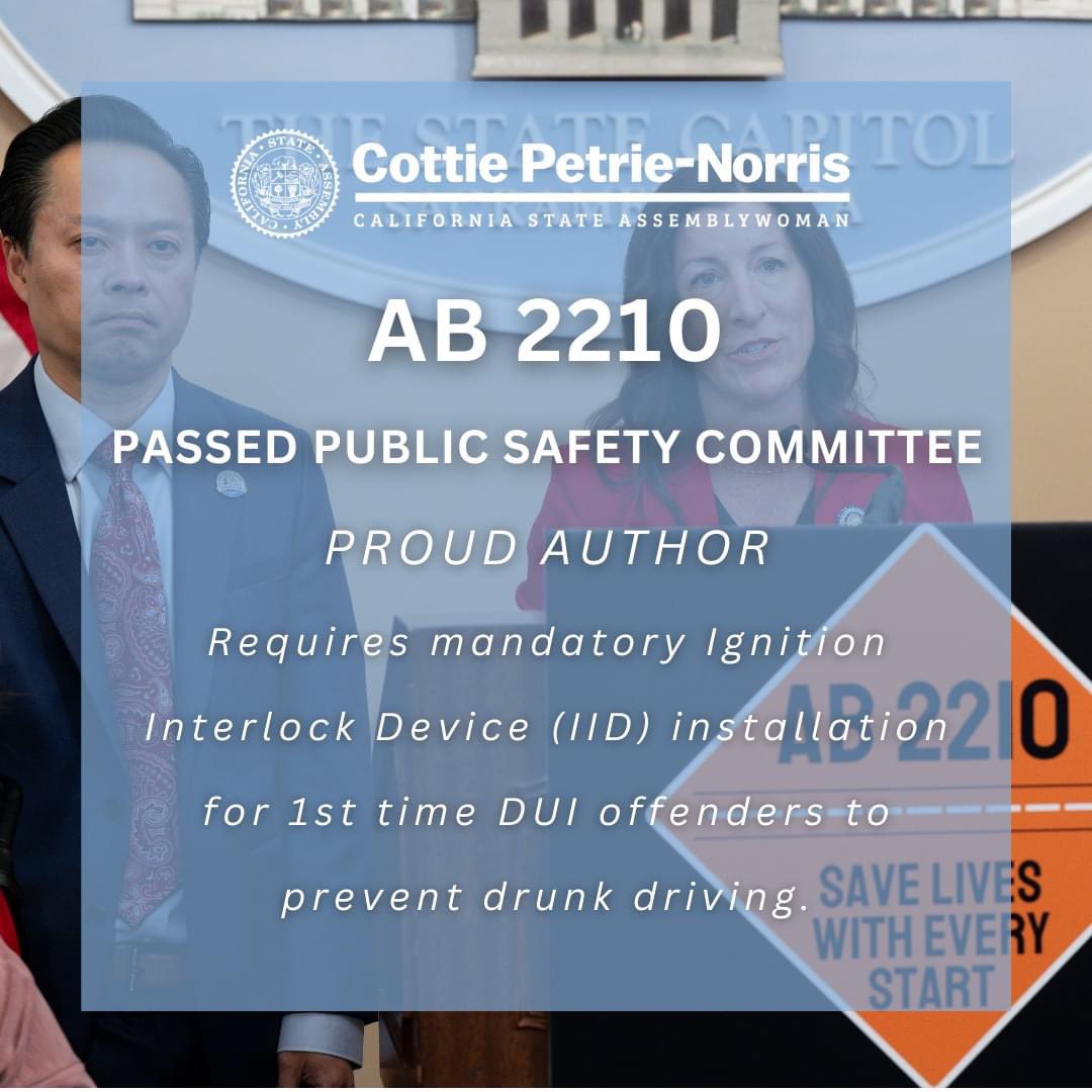 Happy to announce that my bill #AB2210 passed out of Public Safety Committee with bipartisan support! Every day, drunk drivers kill 37 people in this country. This bill provides an opportunity for us to stop these tragedies before the car even starts. @MADDNational @SacCountyDA