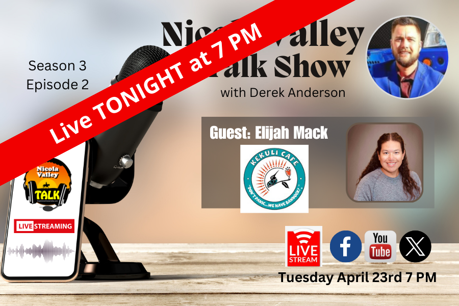 Tune in tonight at 7 PM on Tourism Nicola Valley Facebook, X and You Tube page and join our Host Derek Anderson as he sits down with Elijah Mack from Kekuli Cafe in Merritt BC Canada.  
***
#talkshow #merrittmatters #merrittbc #exploremerritt