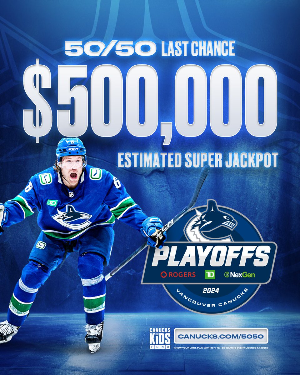 Don't forget to get your estimated $500,000 jackpot 50/50 raffle tickets! 🎟 Sales close at the 2nd intermission. Must be 19+ and located in BC to play. BUY NOW | canucks.com/5050