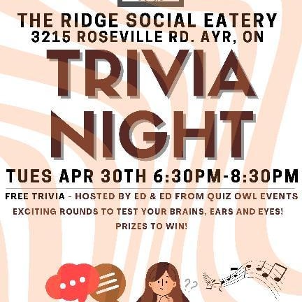 1 week away....50% booked!  Reserve now at the-ridge.ca or 519-696-2757 #trivianight #triviatuesday #ayrontario #kwawesome #cbridge