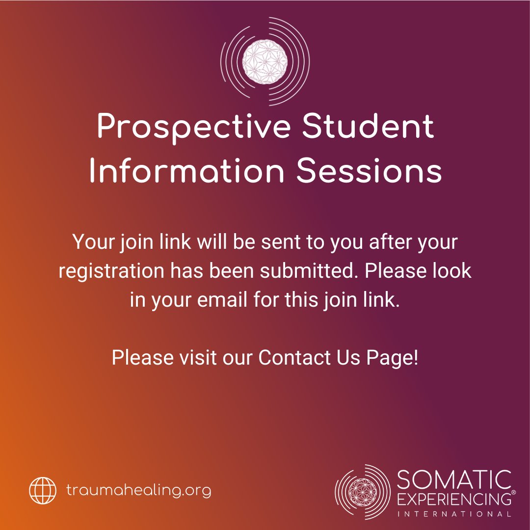 Prospective Student Info Session – traumahealing.org/May3

#somaticexperiencing #traumahealing #therapists #professionaldevelopment  #healthcareprofessionals #traumatherapy #nervoussystem #massagetherapists #socialwork #yogaprofessionals #nervoussystemregulation #training