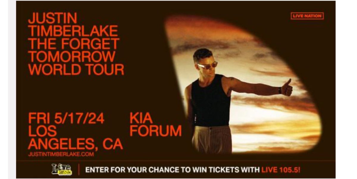 Live1055's tweet photo. Live 105.5 has your tickets to see Justin Timberlake! The "Forget Tomorrow World Tour" comes to the Kia Forum in LA on Friday, May 17th  - for more show and ticket info, or to enter to win https://t.co/NEOsuuRNBb https://t.co/VsvJ4CtVfp