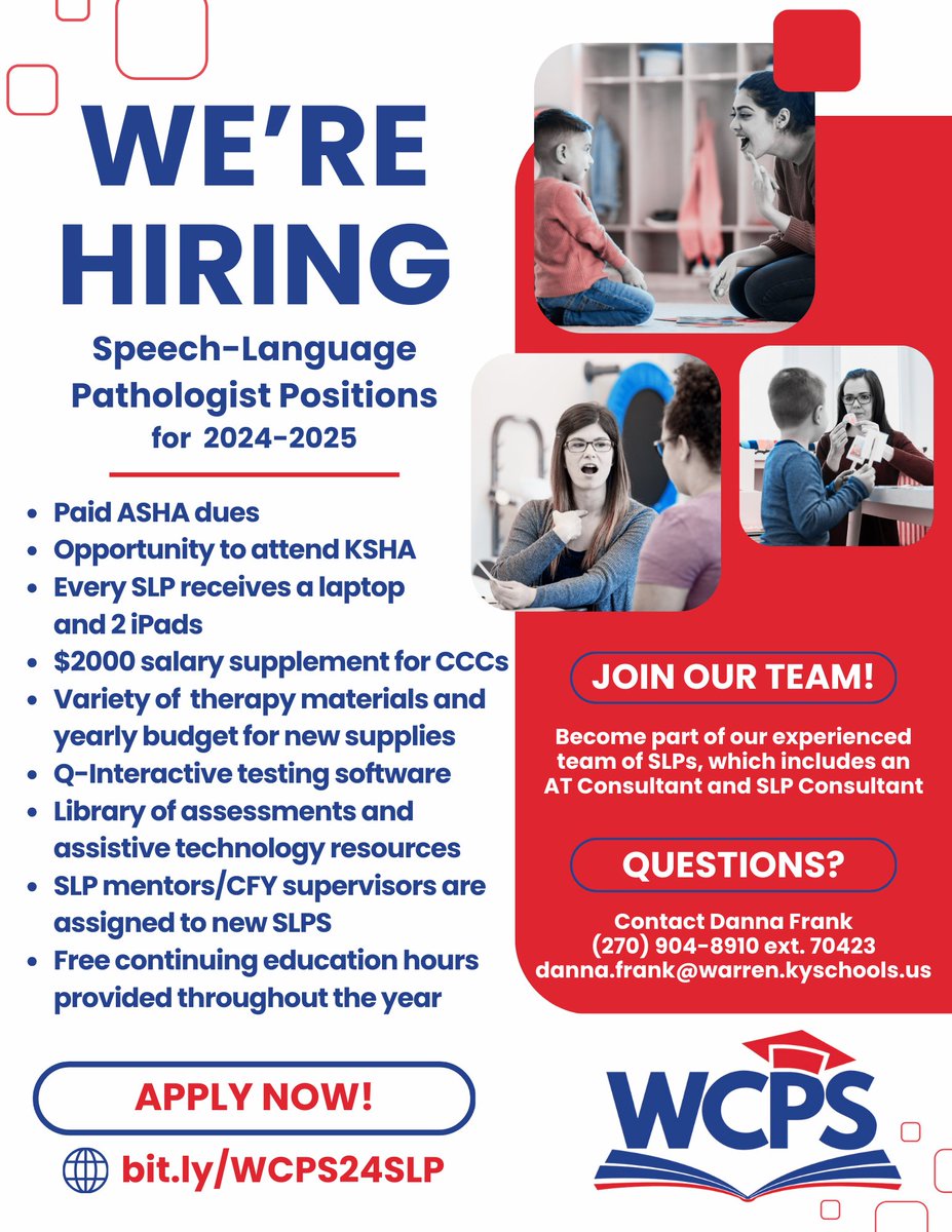 Join our team! We're hiring speech-language pathologists! Click bit.ly/WCPS24SLP or see the flyer for more details. #PreschooltoProfession #BigDistrictBigOpportunities