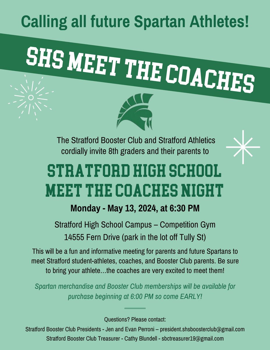 Spring Forest Athletics (@sfmsbobcats) on Twitter photo Attention all 8th grade athletes. If you are interested in playing sports for <a href="/77079Athletics/">Stratford High School Athletics</a> then you do not want to miss this! Make sure to circle May 13th for meet the coaches! Attention all 8th grade athletes. If you are interested in playing sports for <a href="/77079Athletics/">Stratford High School Athletics</a> then you do not want to miss this! Make sure to circle May 13th for meet the coaches!