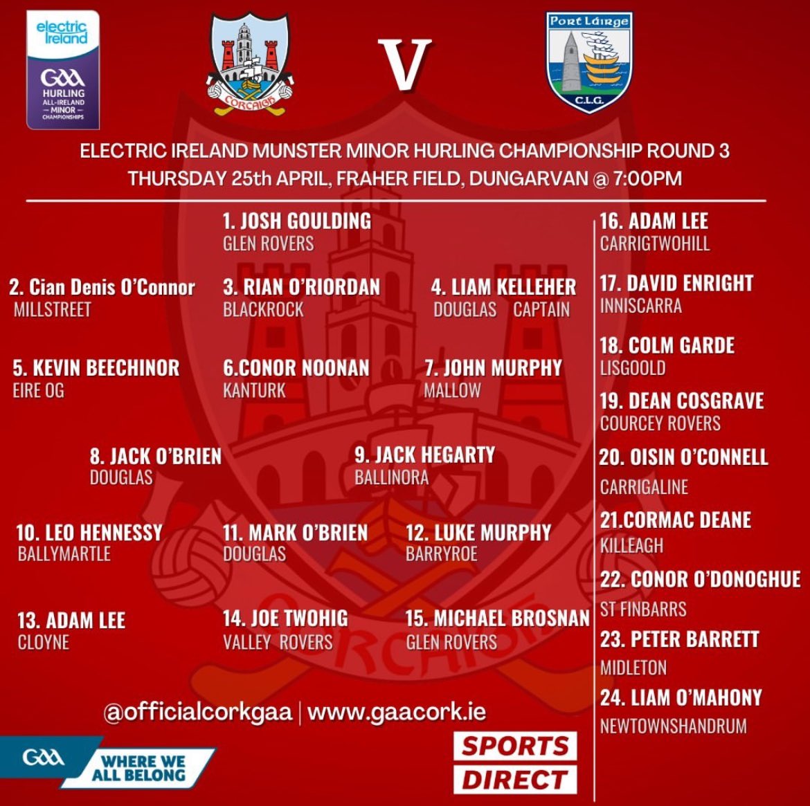 Best wishes to Rian and the Cork minors in Dungarvan on Thursday evening 🔴⚪️