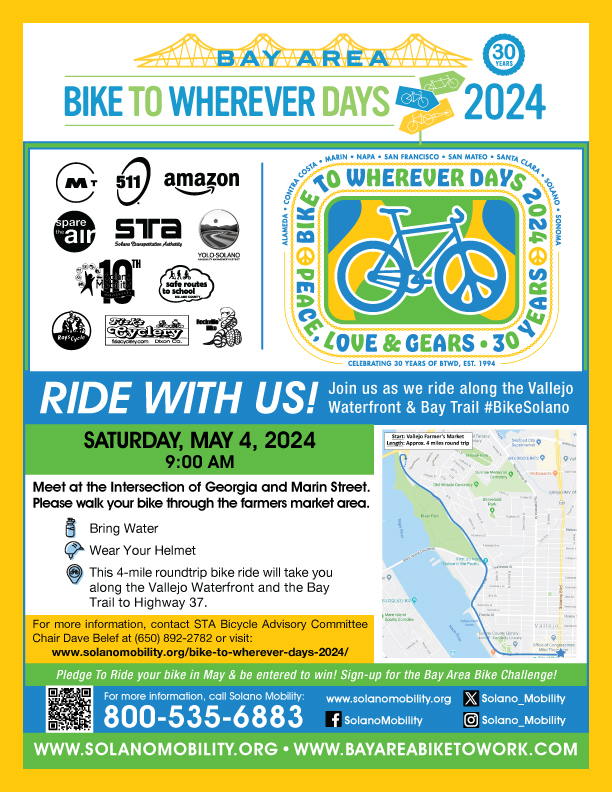 Stop by the Solano Mobility booth this Saturday, May 4th at the @CityofVallejo Community Bike Ride! We will have information on cycling in Solano County and events planned for Bike to Wherever Days. Ride starts at 9am, meet at Georgia St & Marin St. #bikesolano