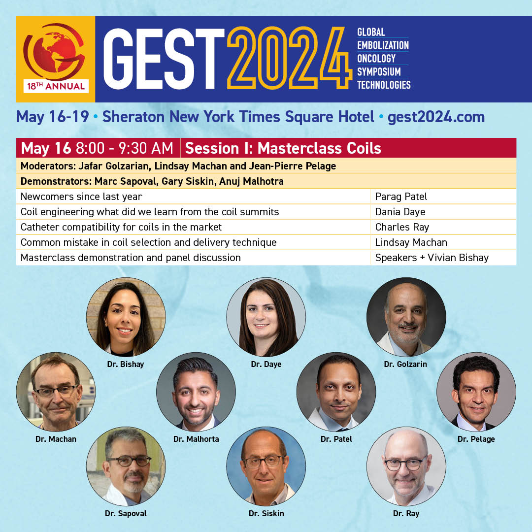 Check out the Masterclass on Coils during #GEST2024 Register today: gest2024.com #interventionalradiology #IR #embolization #IRads #MedEd #interventionaloncology #TwittIR