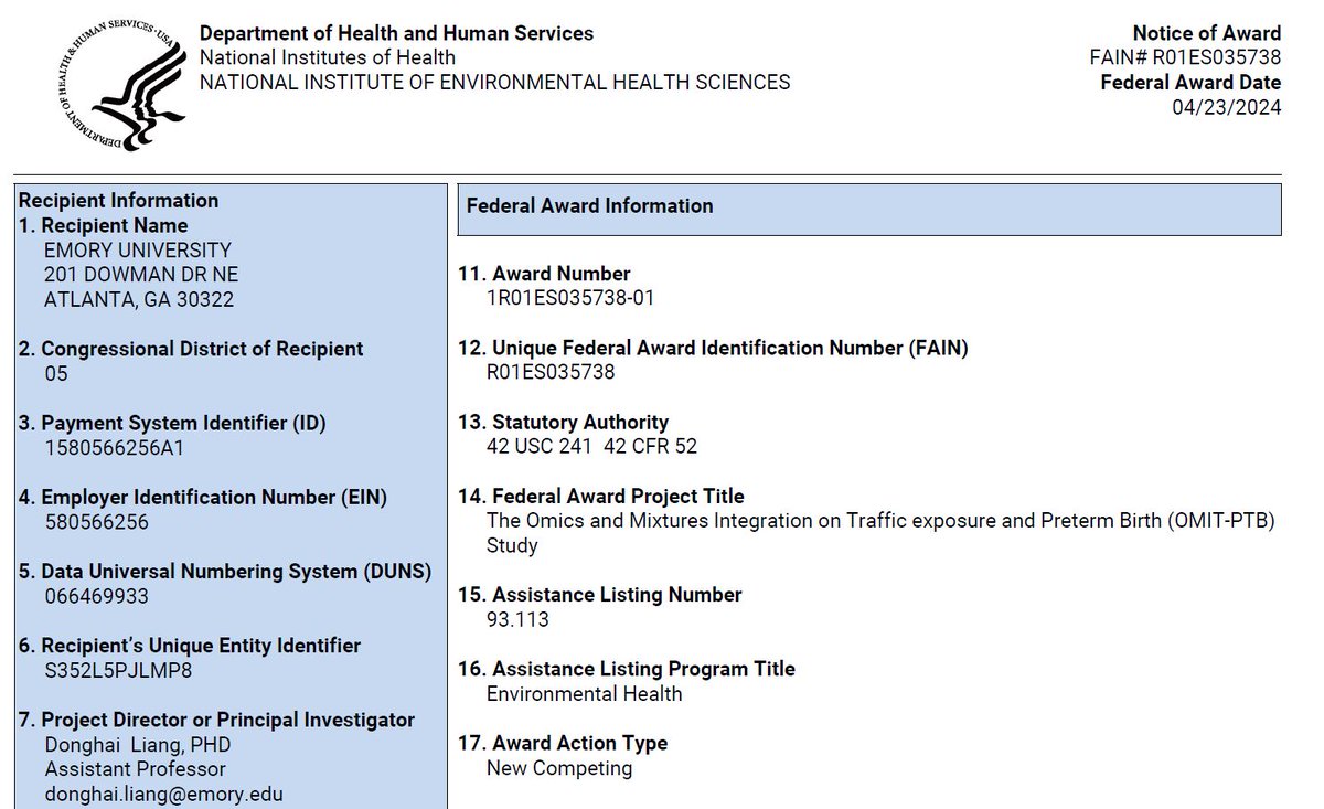 Surreal to receive #NOA for my first #R01 @NIEHS. We will use #multiomics data to study the link between prenatal #AirPollution exposure and #PretermBirth. Super grateful for the support from my mentors and colleagues @EmoryRollins! Looking for postdocs (ad out soon) to join us!