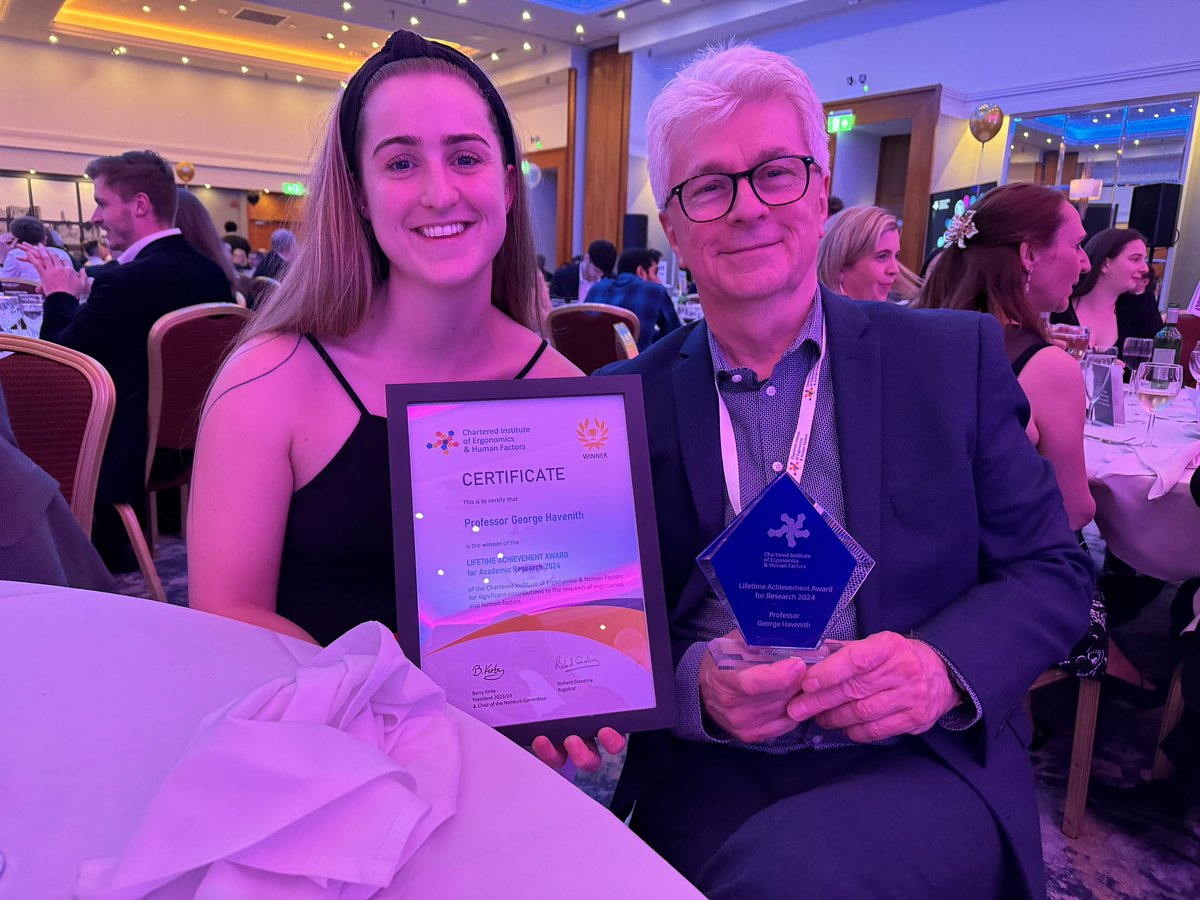 Really chuffed to have received the ‘lifetime achievement award for academic research’ from the Chartered Institute of Ergonomics and Human Factors at the conference dinner tonight. Thanks to all that supported me over the years. Celebrating with my daughter, an HF specialist!