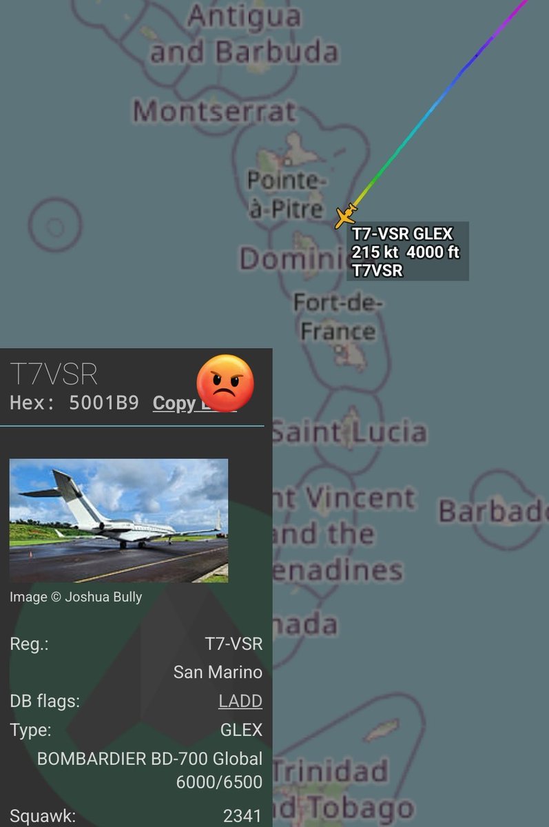 Arr3ch0's tweet photo. Me pregunto si el PDVSA #YV1118  fue a encontrarse con el T7-VSR que está descendiendo ahora en Dominica. Éste era un visitante frecuente en Maiquetía. Como varios otros ahora parece no acercarse más que a las Antillas Menores. Procedente de Dubai via Istanbul. https://t.co/whjrlcfBlM