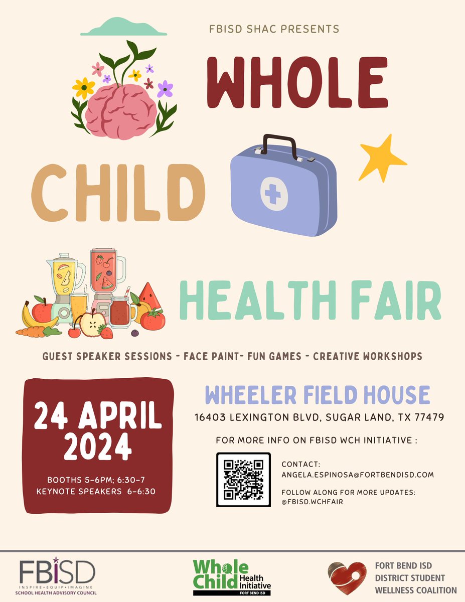 REMINDER! @FortBendISDStudent Wellness Coalition and @FBISD_SHAC will host a health fair tomorrow at Wheeler Field House. Community members are invited to the free event to gain information and tools to improve students’ physical, nutritional and emotional well-being.