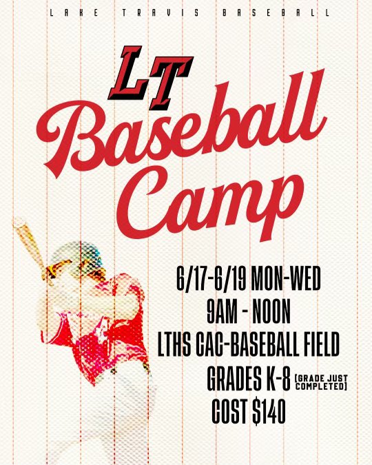 🔴⚫️⚔️⚾️ LT Baseball Camp Spots are filling fast! Don’t delay, sign up today! Chance to work with the High School staff and former players. Click the link to register: ltisd.revtrak.net/rw-summer-camp/
