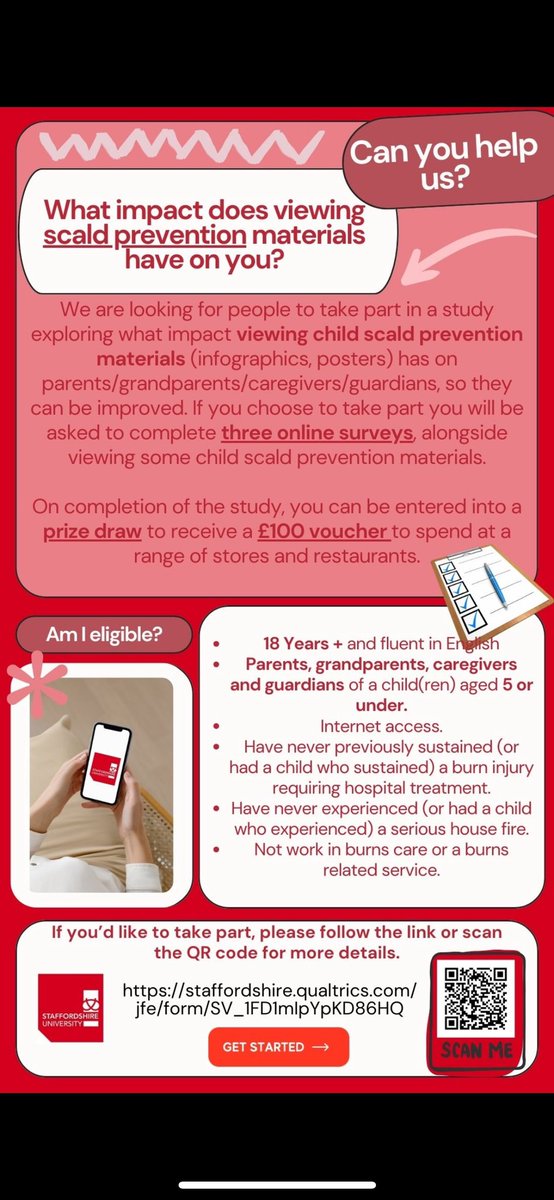 📢 Looking for parents, grandparents or carers to a child aged 5 years or under, to take part in a questionnaire study to help us learn about preventing child burn injuries. Link here for anyone interested: staffordshire.qualtrics.com/jfe/form/SV_1F… Thank you for considering! 🙏🏻