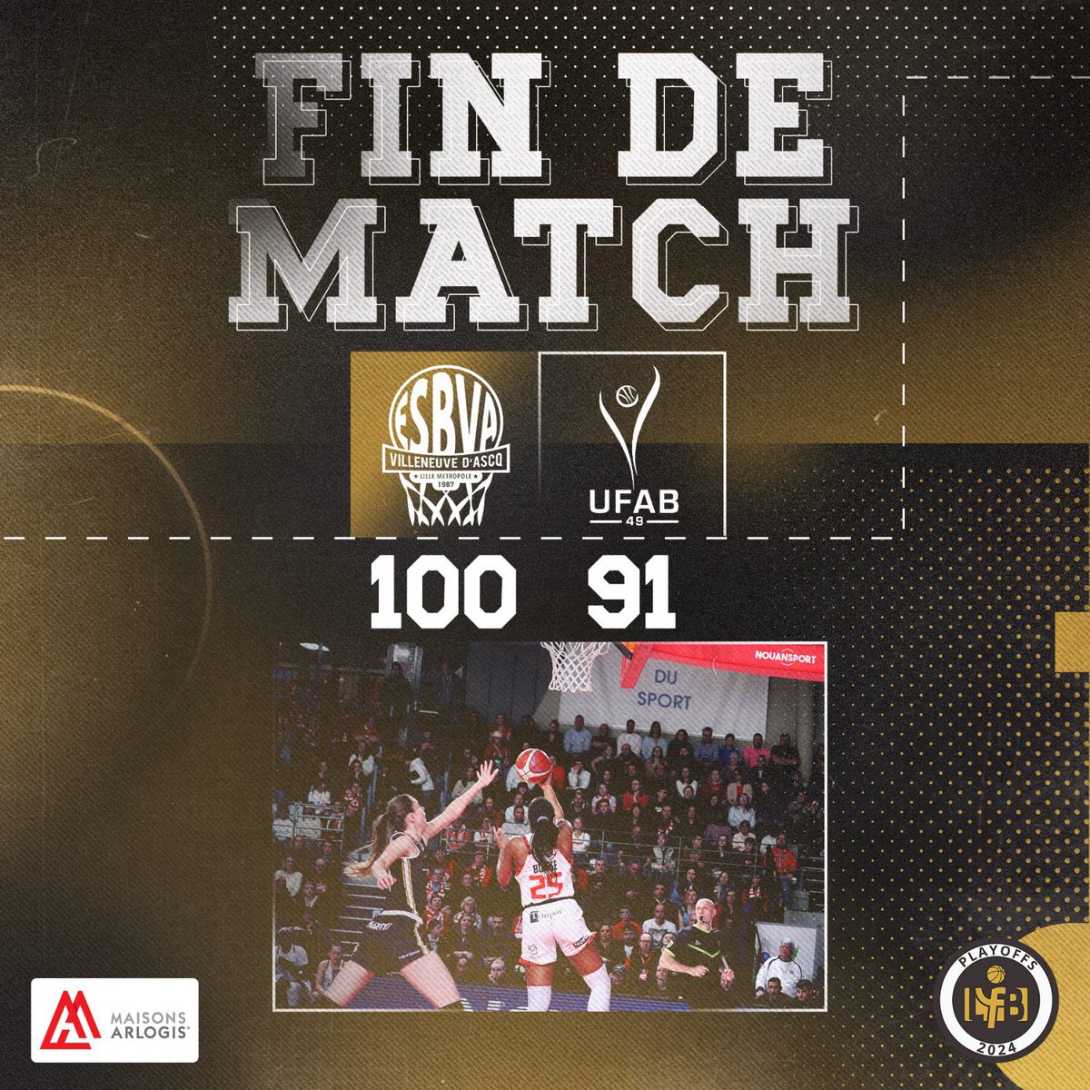ESBVALM's tweet photo. 𝗟𝗘𝗦 𝗚𝗨𝗘𝗥𝗥𝗜𝗘̀𝗥𝗘𝗦 𝗦𝗢𝗡𝗧 𝗘𝗡 𝗗𝗘𝗠𝗜-𝗙𝗜𝗡𝗔𝗟𝗘 ! ✅

Les Guerrières s’imposent 100-91 contre l’@ufab49 et filent donc en demi-finale des playoffs @basketlfb ! 🔝

Elles affronteront le @BasketLMA le 02/05 (✈️) et le 05/05 (🏠) ! 📆 💥

#AllezLesGuerrières 🔴⚪️ https://t.co/F1sOaf6zvY