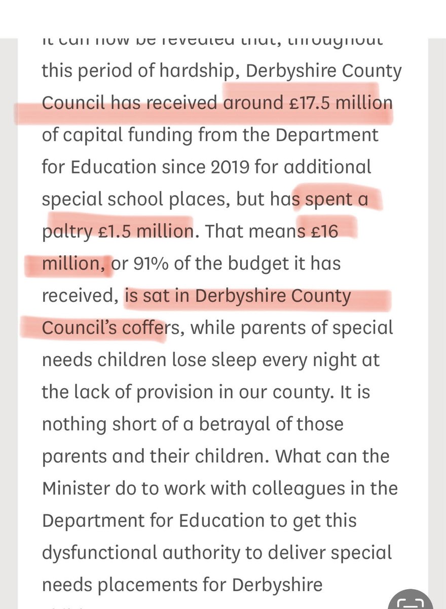 In preparing for today's @DerbyshireCC debate in @HouseofCommons I came across this stunning revelation. Since 2019, Derbyshire has received £17.5MILLION to spend on Special needs #SEND and has spent just £1.5M (9%) of it- all whilst parents desperately try to access SEND places.
