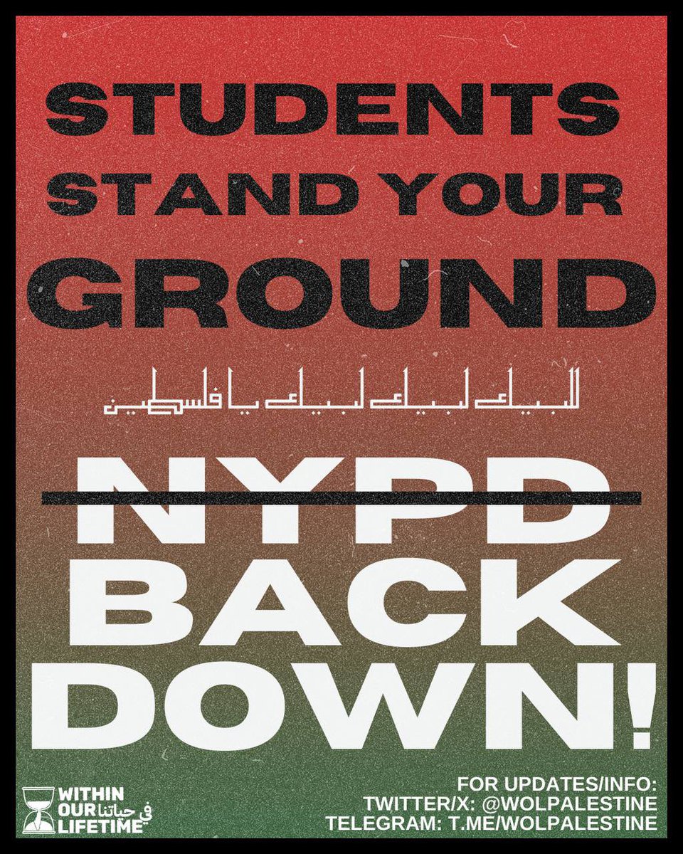 🚨ACTION NEEDED🚨
Please support NYU’s Gaza Solidarity Encampment by calling 212-998-2345 or emailing president@nyu.edu to demand that NYU protects students right to protest, and calls off the NYPD.