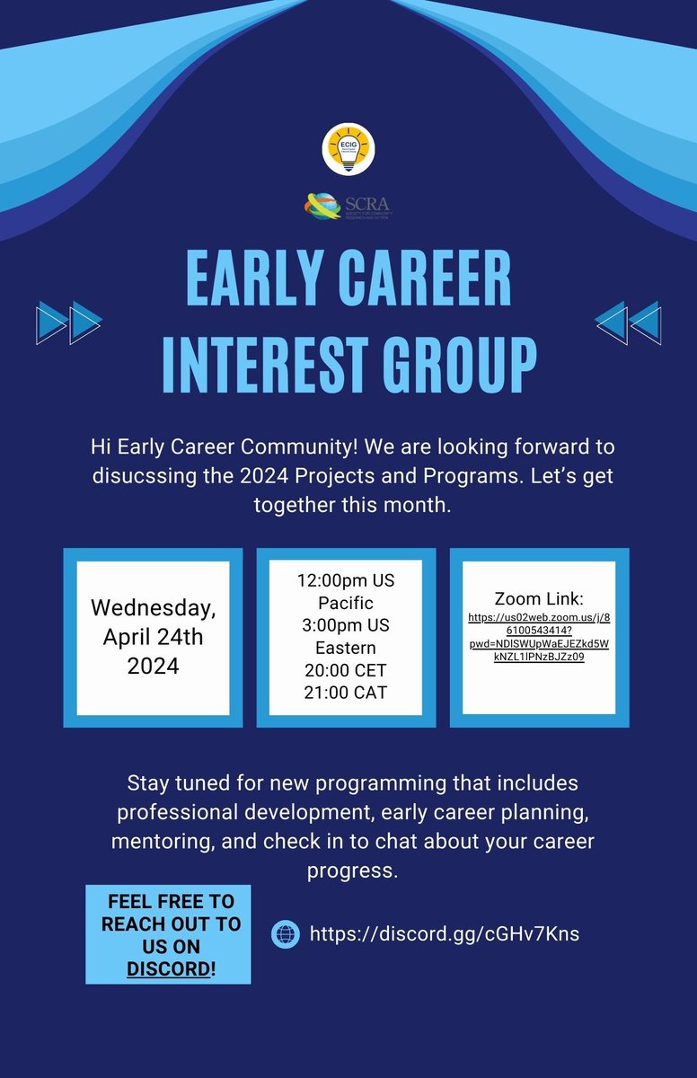 Join the SCRA Early Career Interest Group tomorrow. See info below and visit our events page: scra27.org/events/month/