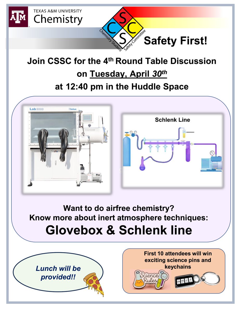 You might love Texas, but your chemistry probably doesn't! Learn how to protect your reactions from oxygen and the humid Texas air at the  CSSC round table discussion next Tuesday, April 30th at 12:40 PM in the Huddle Space.