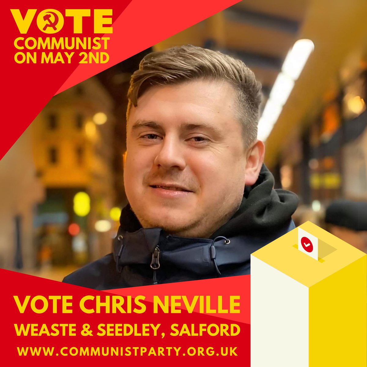 Vote, Campaign, Join: for the working class! #VoteCommunist on May 2nd 🗳️🚩 “I'm standing in Salford to give voters a choice. Not between Labour and Tory, but for something that will send a clear message to all the politicians” says Chris Neville @ChrisNev1985, 39, office…